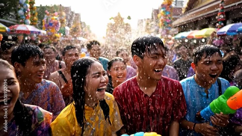 Crowds celebrating Songkran water festival cinematic UHD handheld cultural tradition Asian stock video. joyous gathering asiatic festivity splashing liquid heritage observance handheld