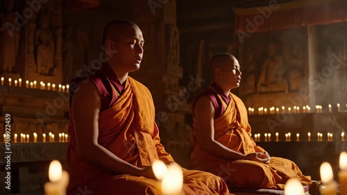 Monks chanting candlelit temple hall cinematic UHD cultural tradition spiritual stock video. sacred hymn illuminated shrine serene rite ultra high definition heritage.