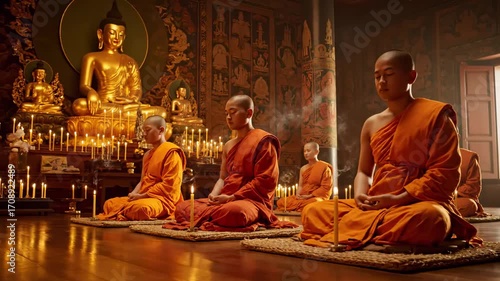 Monks meditating candlelit temple hall cinematic UHD cultural spiritual tradition stock footage. cloistered figures contemplation flame illumination sanctuary interior heritage