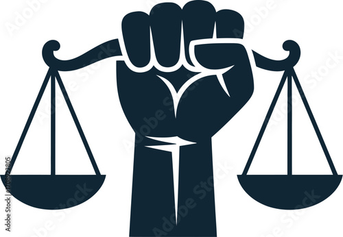 Raised fist holding justice scales vector symbolizing equality, empowerment, civil rights, and social justice activism