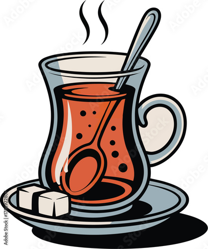 Hot Tea in Glass Cup with Spoon and Sugar Cubes – Cozy Beverage Icon for Comfort, Culture, and Lifestyle Themes