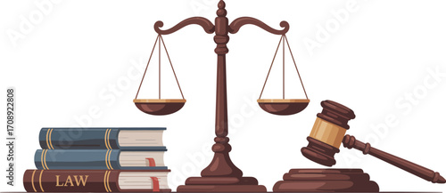 Law and Justice Icon – Books, Gavel, and Balance Scale Symbol for Legal System, Courtroom, and Civic Education Themes