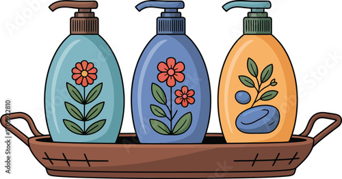 Floral Pump Bottles on Tray – Decorative Personal Care Icon for Bathroom, Spa, and Wellness Lifestyle Themes