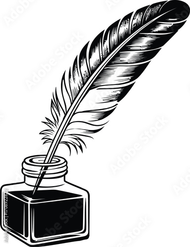 Quill Pen in Ink Bottle – Vintage Writing Icon for Literature, Calligraphy, History, and Creative Branding Themes