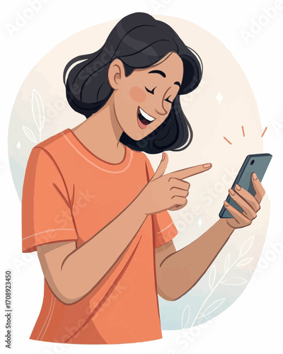 Illustration of a smiling woman pointing at a smartphone screen with a joyful expression depicted