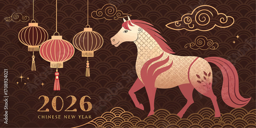 Illustration of chinese new year 2026 with horse lanterns and clouds on a brown patterned background
