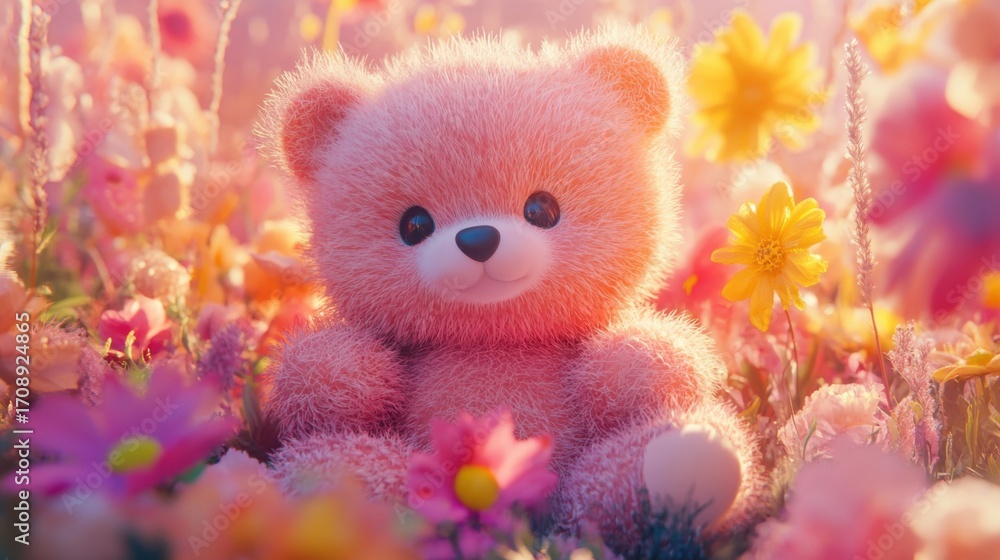 Fototapeta premium A cute soft pink teddy bear sits among vibrant flowers, exuding a cheerful and delightful mood that appeals to both children and adults alike, making it ideal for various themes.