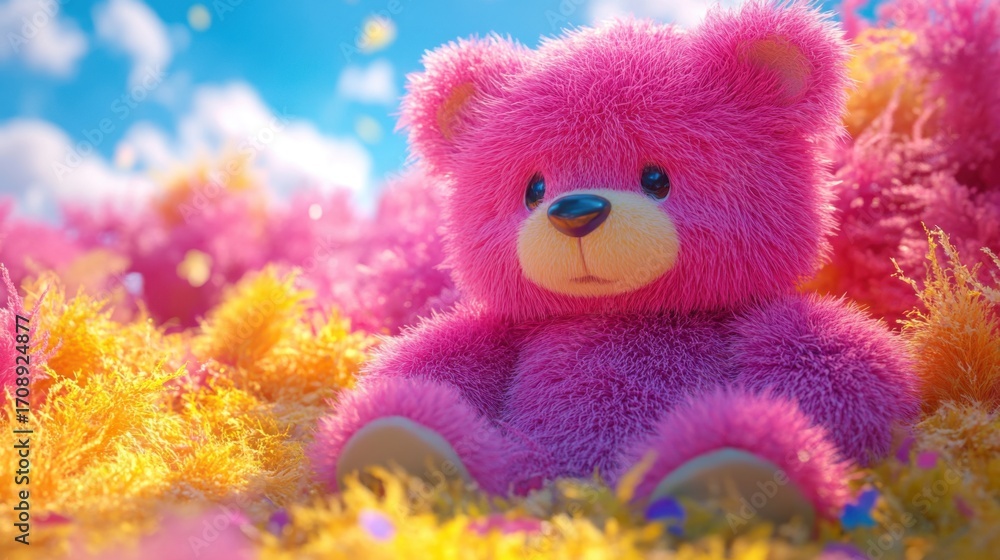 Fototapeta premium A fluffy pink teddy bear captivatingly placed in a bright, colorful setting that brings a sense of joy, playfulness, and charm to the viewer, appealing to a wide audience.