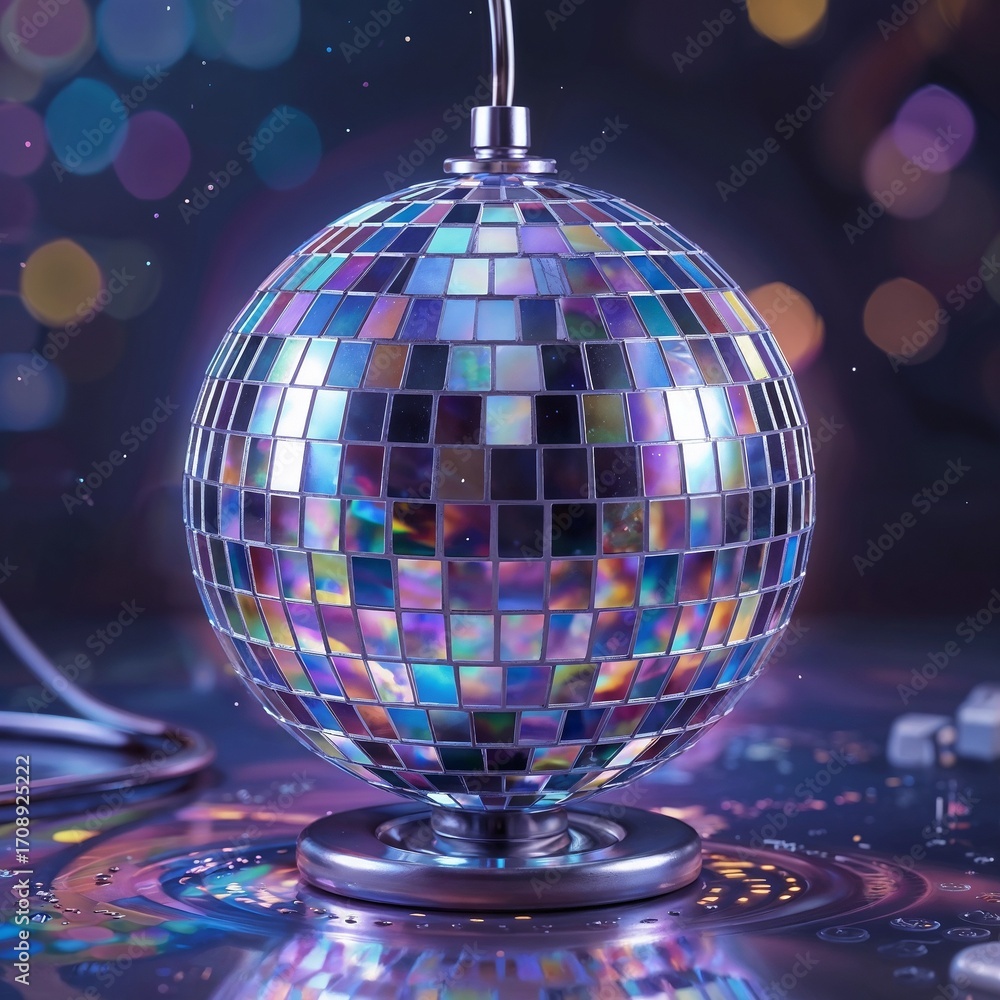 Fototapeta premium Shiny disco ball lamp reflecting colorful lights on table 