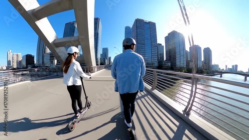 Electric scooter riders crossing city bridge cinematic UHD handheld eco lifestyle green transport stock. motorized scooter user traverse urban overpass filmic ultra high definition
