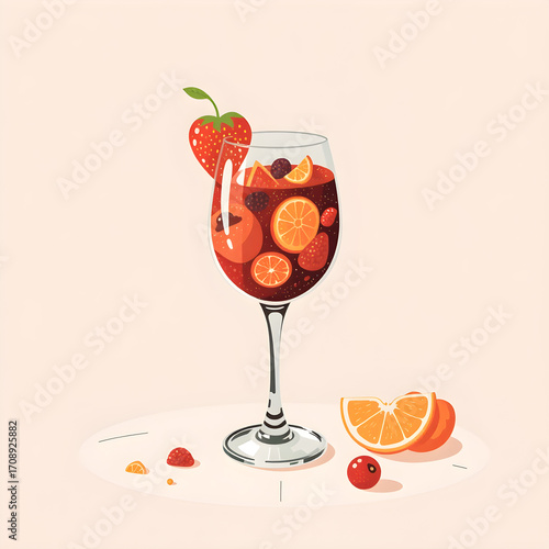 Sangria glass with strawberry and orange illustration