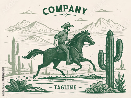 Illustration of a cowboy riding a horse in a desert landscape with cacti and mountains in the background