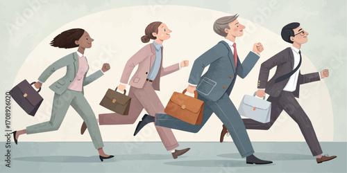 Four business people in suits running with briefcases showing haste and determination in their stride