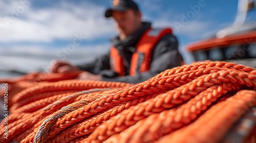 A close-up of a man's hand holding a coiled orange rope on a boat, with a blurred background of a boat and the sky.