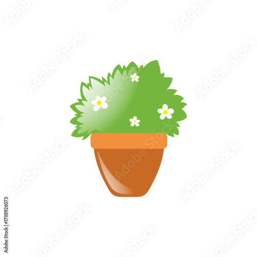 Bushy Green Plant in Brown Pot with White Flowers Illustration