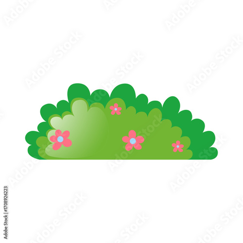 Cartoon illustration of a green bush with pink flowers blooming in the garden