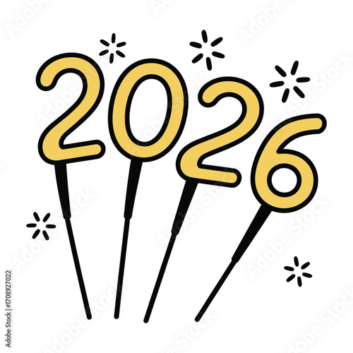 Sparkling 2026 new years eve celebration with golden sparkler candles, a festive and bright symbol of the upcoming year