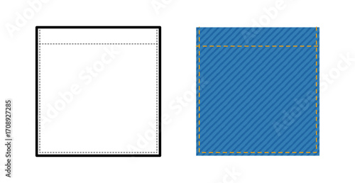 Top-stitched Square Patch Pocket Jeans technical fashion illustration. Flat apparel line template and color. Women, men unisex style item CAD mockup isolated on white background 