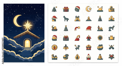 Christmas icon christmas nativity scene illustration with star of bethlehem and christmas icons vector graphic design vector