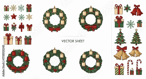 Christmas icon christmas vector sheet with wreaths gifts trees snowflakes bells and candy canes holiday season graphics set vector