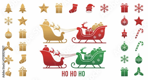 Christmas icon christmas holiday vector illustration with santa sleigh reindeer christmas tree gifts and christmas ornaments design 1 vector