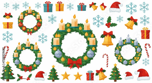 Christmas icon christmas wreaths with candles gifts snowflakes bells trees and candy canes holiday season festive decoration 1 vector
