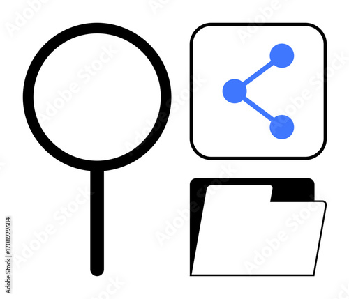 Magnifying glass emphasizes search, share symbol signifies collaboration, folder highlights document organization. Ideal for search tools, data analysis, file management, teamwork, connectivity