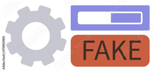 Gear represents automation, progress bar indicates loading or development, and fake label conveys misinformation. Ideal for technology, AI, fraud detection, machine learning, progress tracking