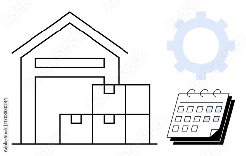 Warehouse with stacked boxes, a calendar, and gear icon illustrating logistics, supply chain, scheduling, process optimization, inventory management, planning and efficiency. Simple flat metaphor