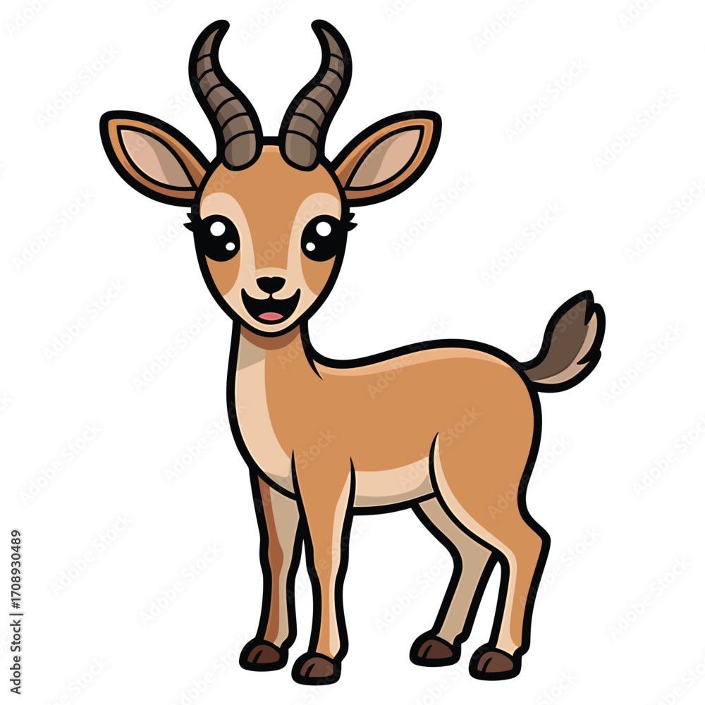 Fototapeta premium A charming cartoon antelope with big eyes, , showcasing its elegant horns and gentle expression in a simple style