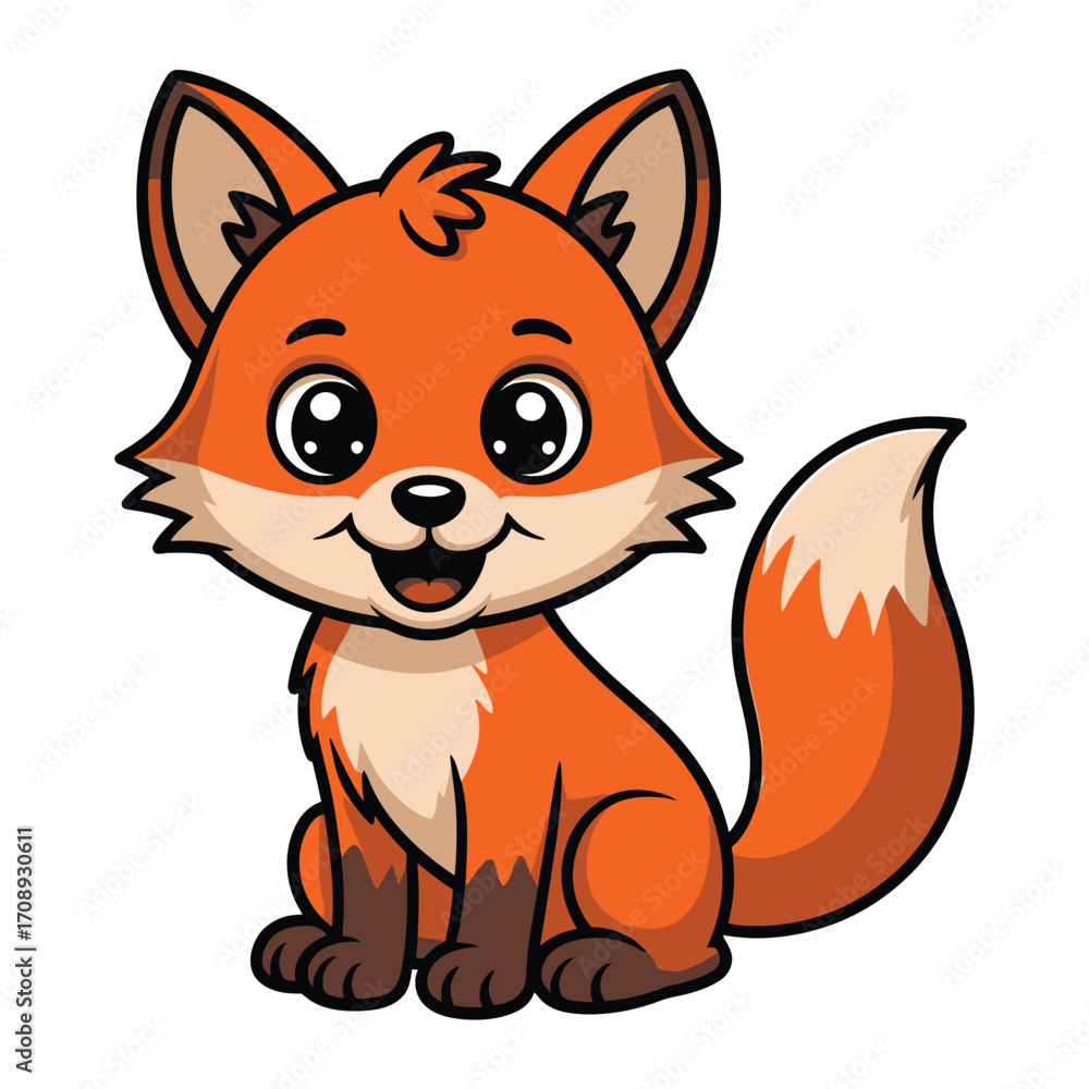 Obraz premium Charming cartoon fox sweet orange fox with big eyes and a friendly smile, perfect for childrens illustrations and storybooks