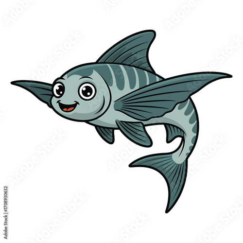 Cute cartoon fish adorable sea creature with blue scales and fins swimming happily in vector illustration