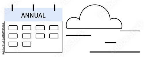 Annual calendar with highlighted dates alongside a sleek cloud design, symbolizing planning and forecasting. Ideal for scheduling, events, deadlines, productivity, organization, reminders, simple