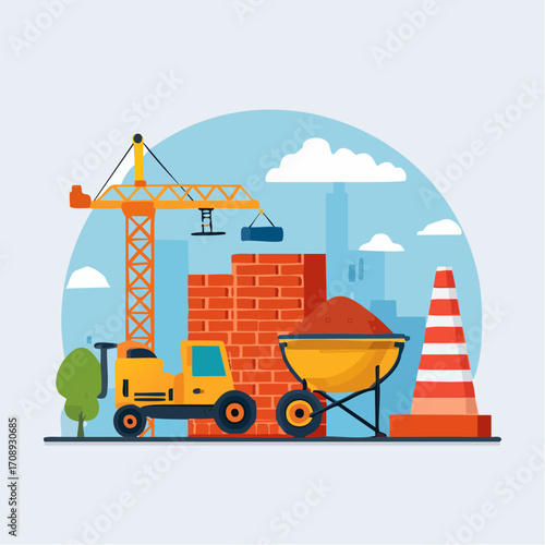 Construction Site Illustration Crane, Bricks, and Construction Vehicles