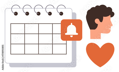 Spiral-bound calendar with daily grid, notification bell, human side profile, and heart icon. Ideal for time management, planning, reminders, health, self-care focus and productivity in a simple