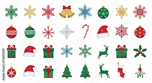 Christmas icon christmas holiday vector art featuring ornaments snowflakes gifts and festive season design elements collection vector