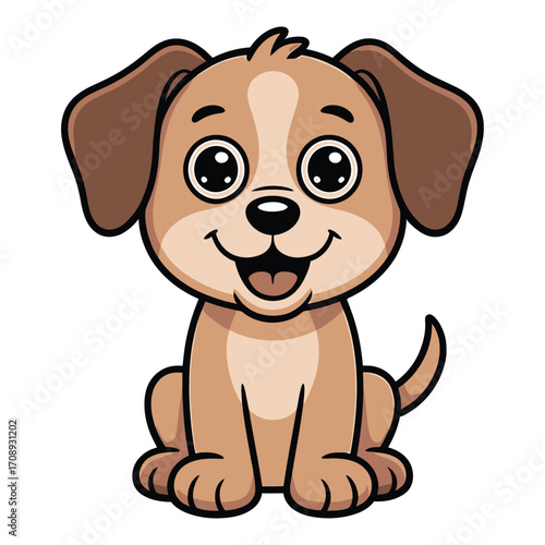 Illustration of a cute cartoon puppy the puppy is sitting and smiling, with big eyes, making it appealing to children and adults alike