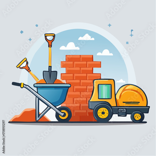 Construction Site Tools, Bricks, and Concrete Mixer