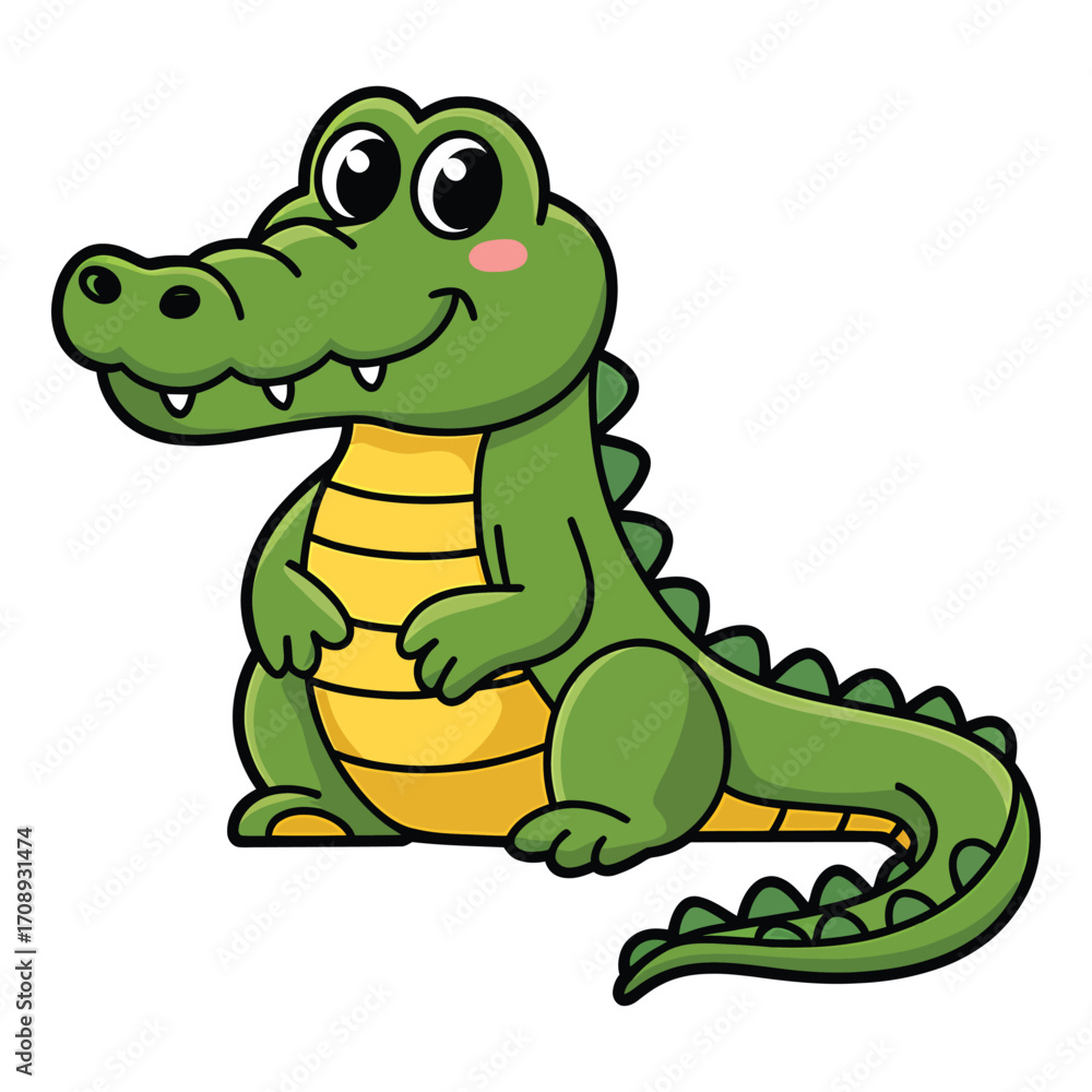 Naklejka premium Cute cartoon crocodile sitting and smiling happy alligator character with big eyes, perfect for kids books and illustrations