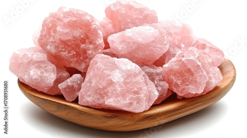 Close-up of Himalayan pink salt chunks in a wooden bowl on a white background