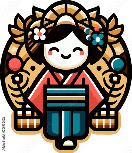 icon_logo_symbol_Cute_Japanese_Woman_Cartoon_Illustration_in_Red_and_Blue
