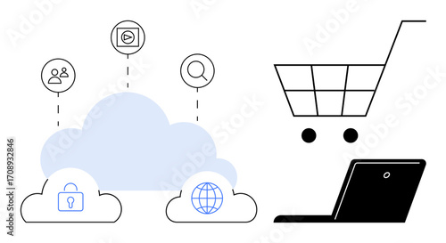 Cloud with icons for user access, security, connection, shopping cart, and laptop. Ideal for technology, e-commerce, online security, digital infrastructure cloud services global access simple