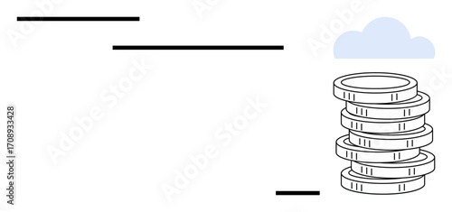Stack of coins next to minimal cloud and horizontal lines symbolizing savings, investment, growth, stability, economic progress, strategies, and opportunities. Ideal for simple flat metaphor