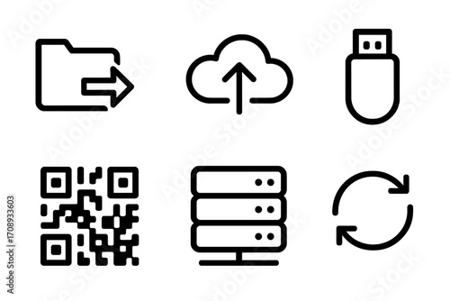 Data management linear icon set. featuring folder, cloud upload, usb, qr code, server, sync symbols