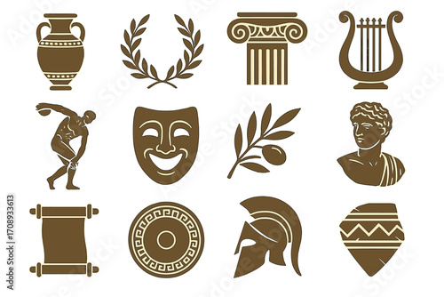 Ancient greece silhouette icons set. featuring amphora, laurel, column, lyre, discus, mask, olive branch, and helmet