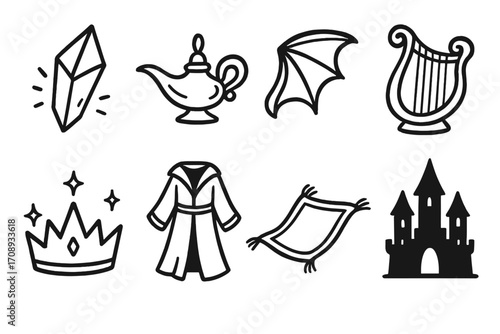 Fantasy elements silhouette icon set. featuring crystal, lamp, dragon wing, lyre, crown, robe, carpet, castle