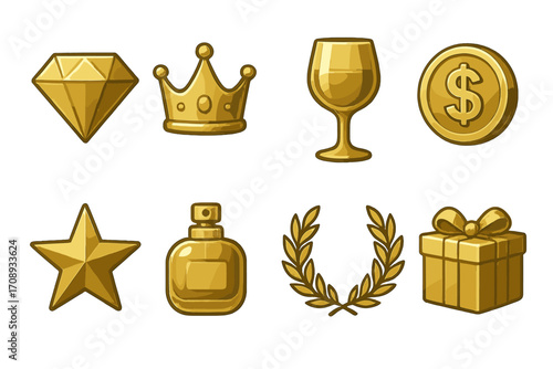 Luxury silhouette icon set. featuring diamond, crown, wine glass, currency, star, perfume, laurel wreath, gift
