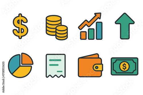 Finance flat icon set. featuring dollar, coin, graph, arrow, chart, receipt, wallet, and cash symbols
