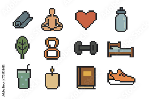 Wellness and fitness pixel icon set. featuring yoga, meditation, heart, hydration, nutrition, and exercise symbols