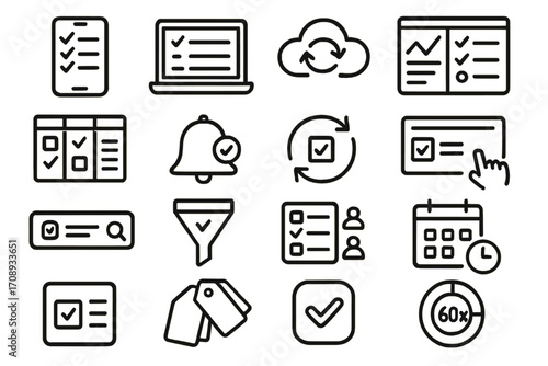 Task management linear icon set. featuring checklist, laptop, cloud, notification, filter, and calendar symbols